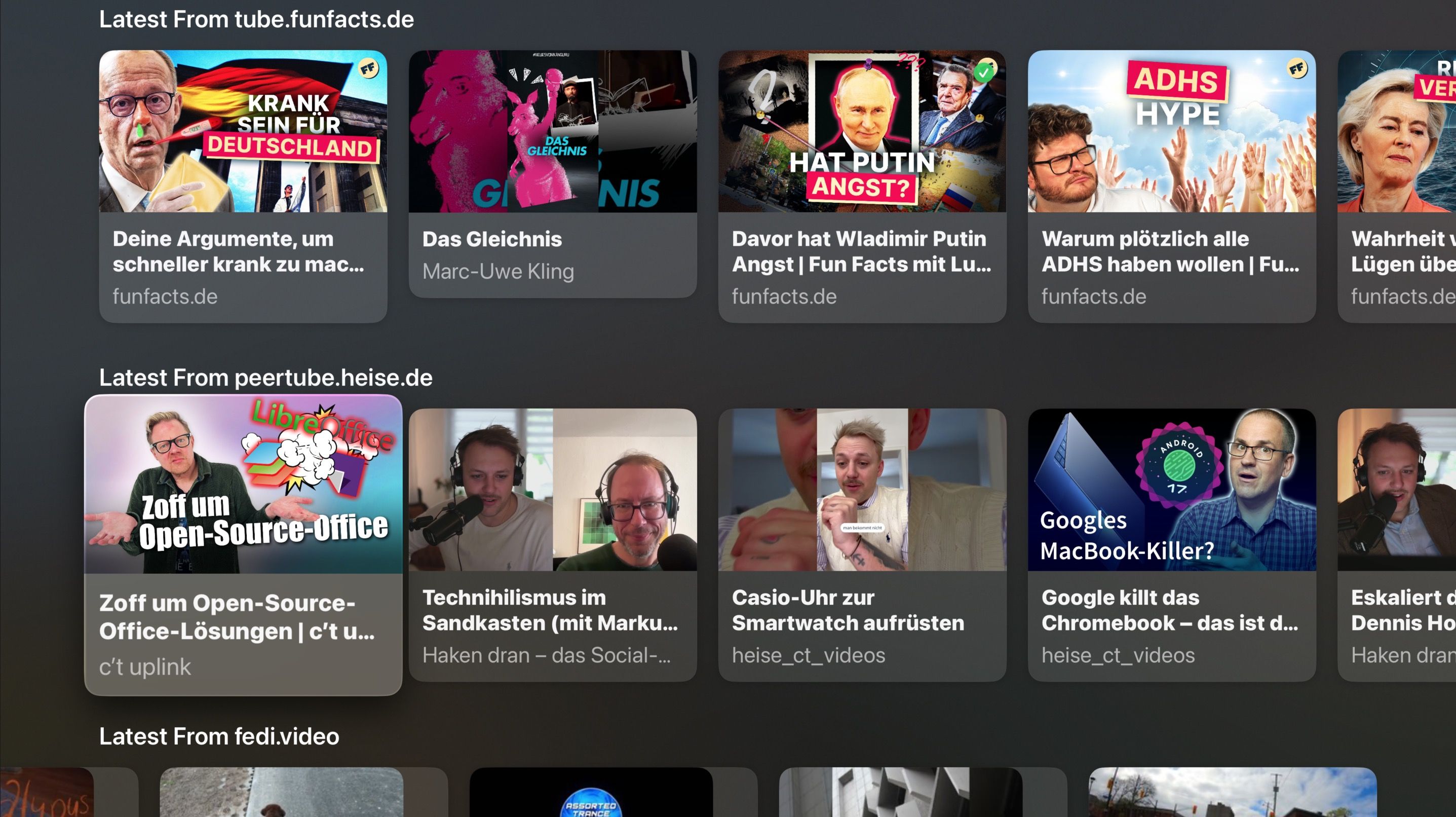 Apple TV with multiple rows of videos tiles. One from the peertube instance tube.funfacts.de, another from peertube.heise.de