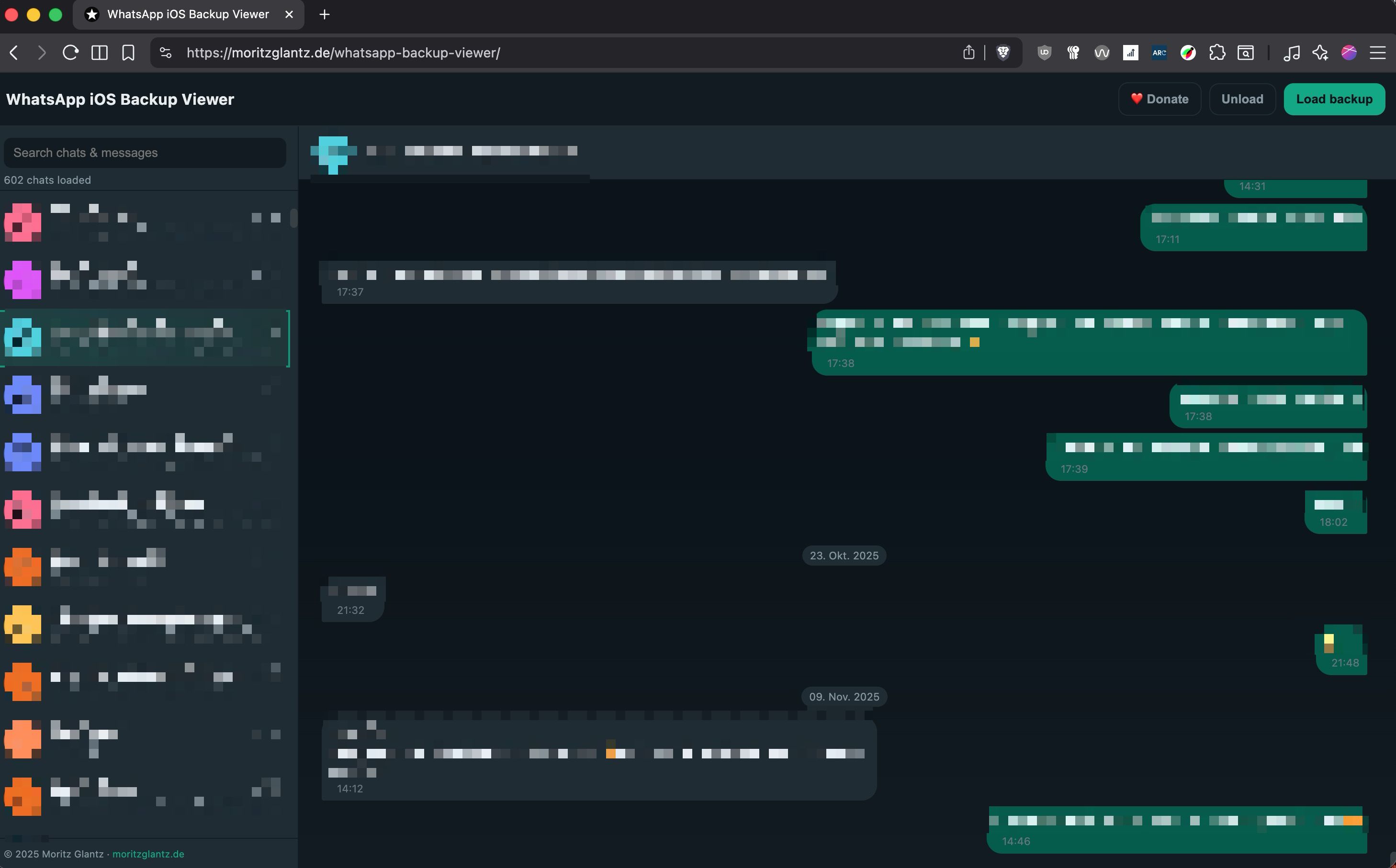 Screenshot of WhatsApp iOS Backup Viewer – a dark interface with a chat list on the left and messages on the right, showing message bubbles and a search bar.