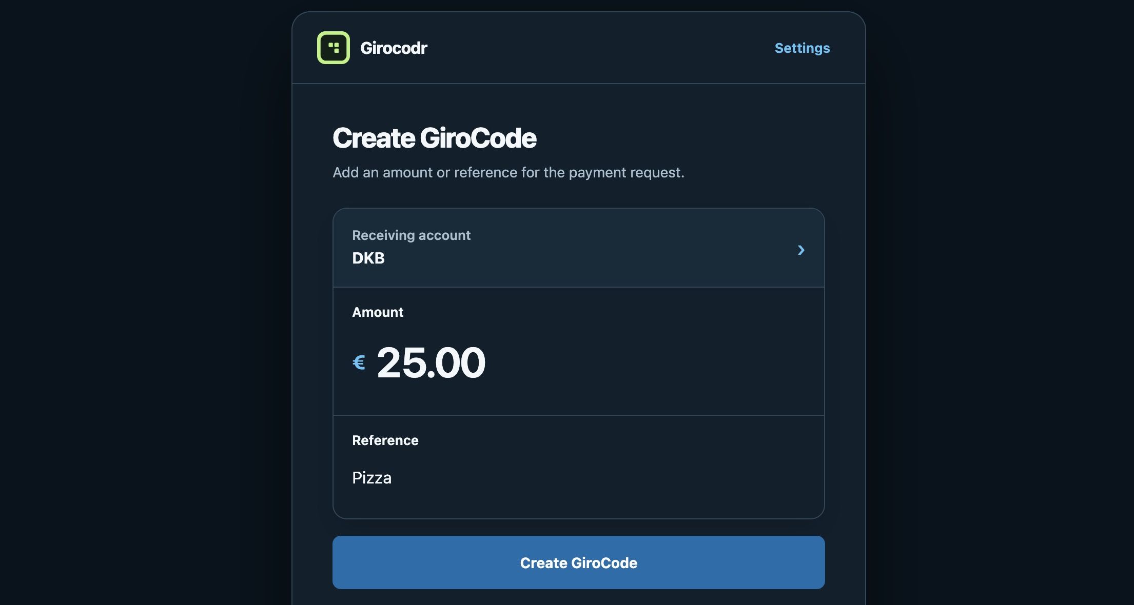 Screenshot Girocodr web app: Create GiroCode, Amount 25,00€, reference: pizza, Button: create Girocode 