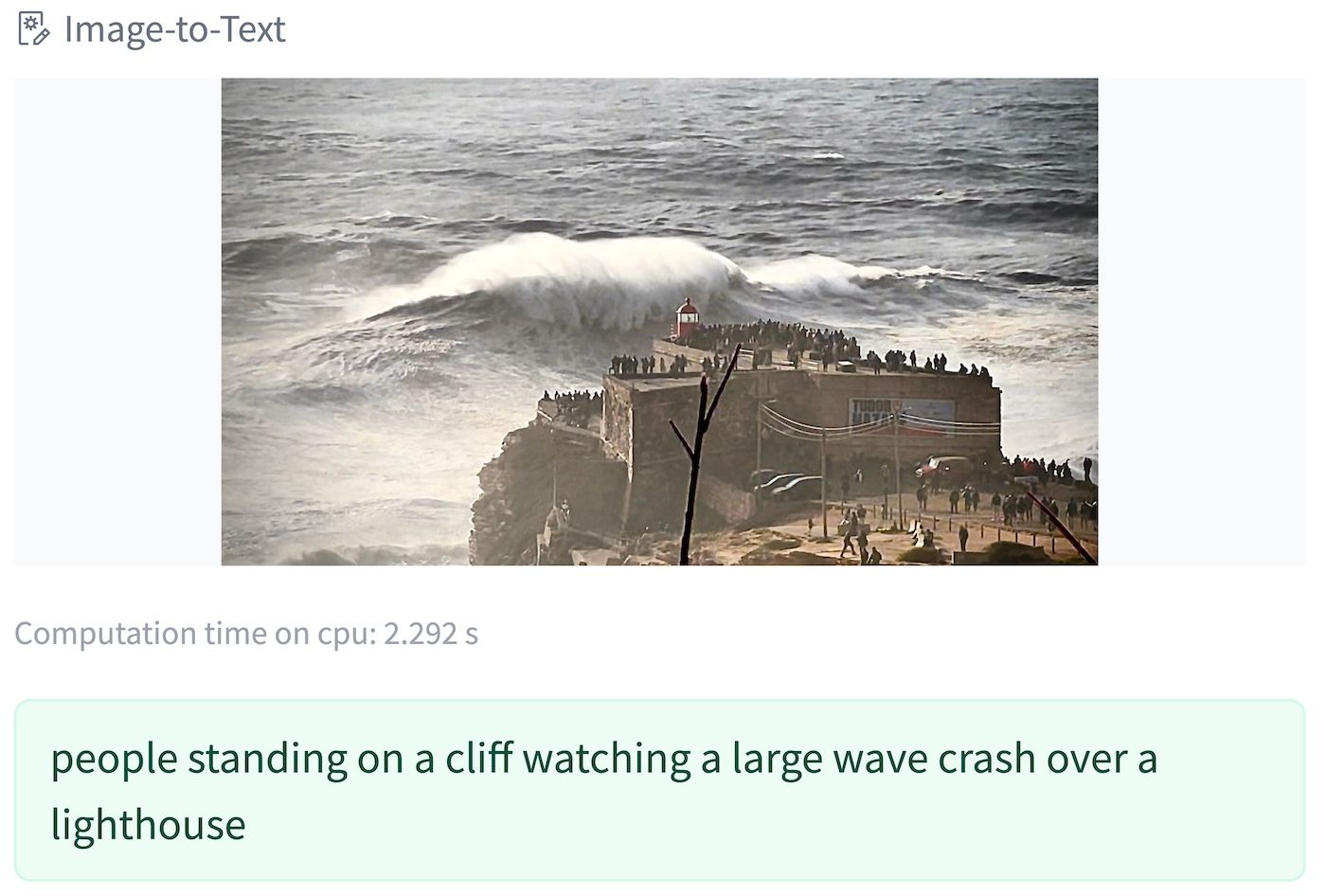 Screenshot of using an AI for automatic alt text: https://huggingface.co/Salesforce/blip-image-captioning-large - Image-to-Text - Computation time on cpu: 2.292s- then an image which shows what the following auto generated alt-text says: people standing on a cliff watching a large wave crash over a lighthouse